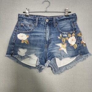 American Eagle Shorts Womens 0 Denim‎ Embroidered Floral Bird Distressed Frayed